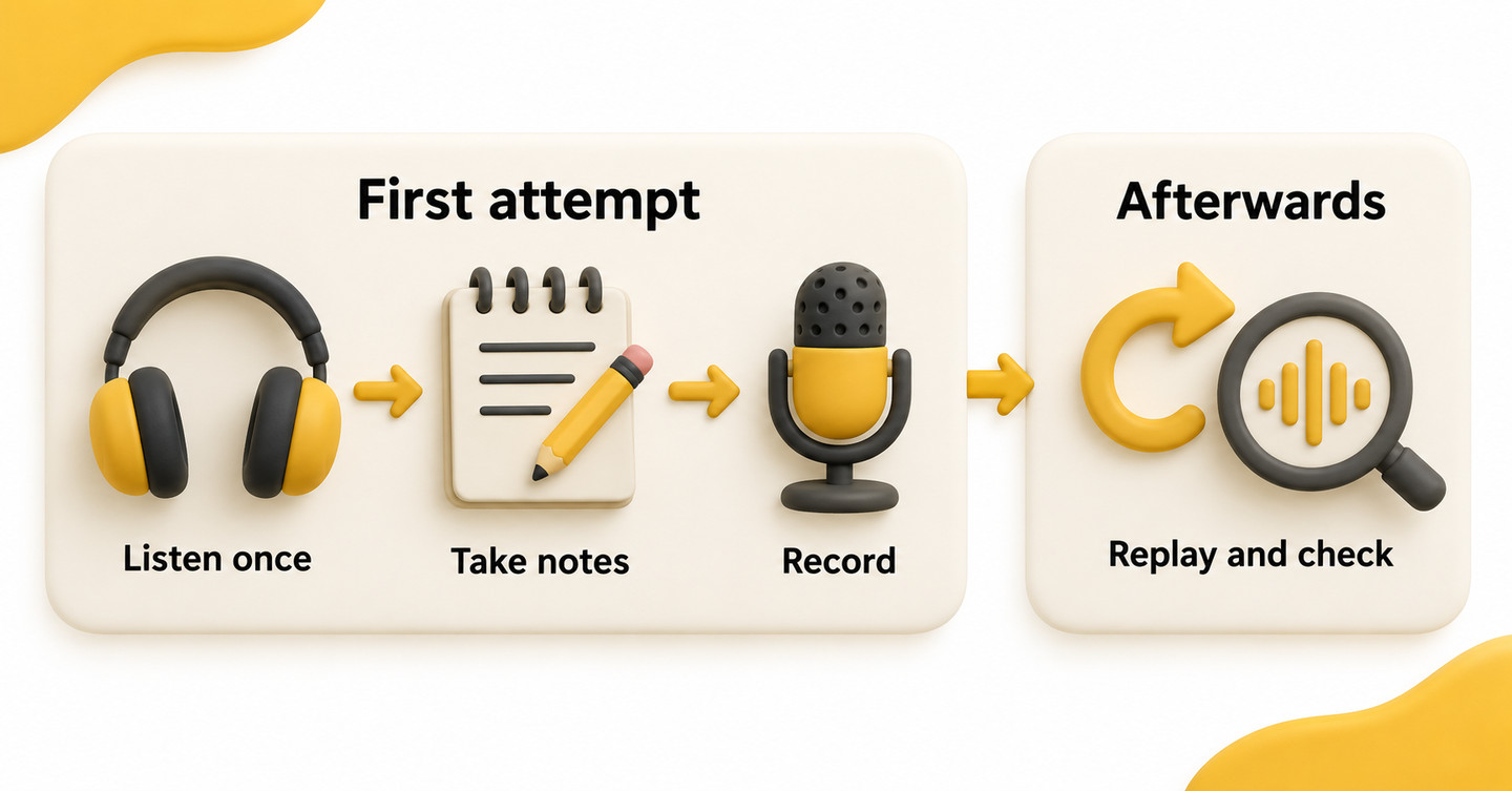 First listen once, take notes and record; afterwards replay the audio and check missed meaning.