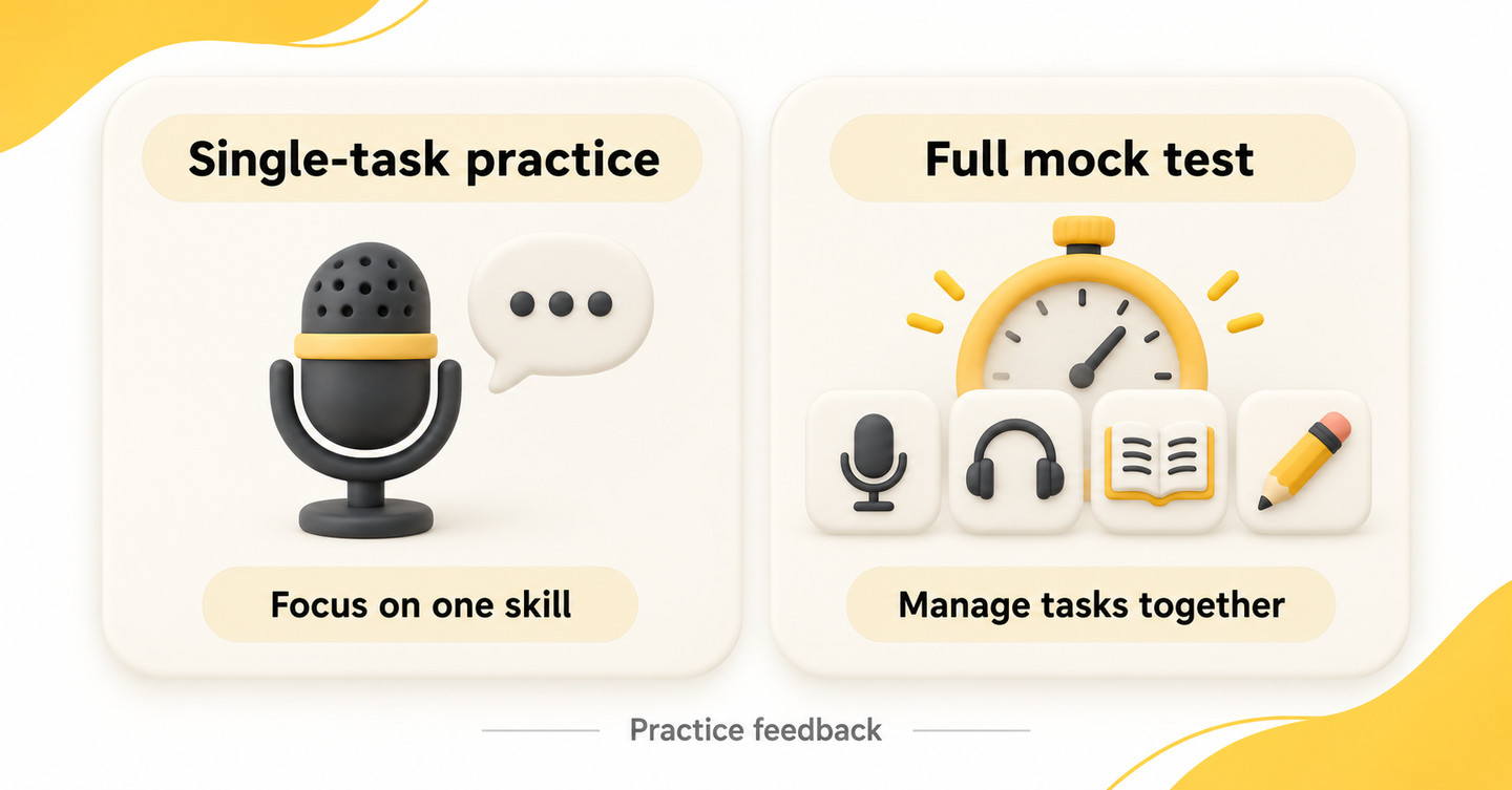 Single-task practice focuses on one skill, while a full mock test checks how you manage tasks together.
