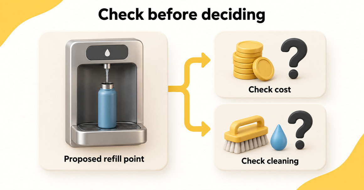 A proposed water refill point leads to two checks: cost and cleaning responsibility.