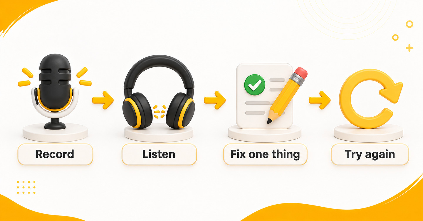 Four steps linked by arrows: Record, Listen, Fix one thing and Try again.