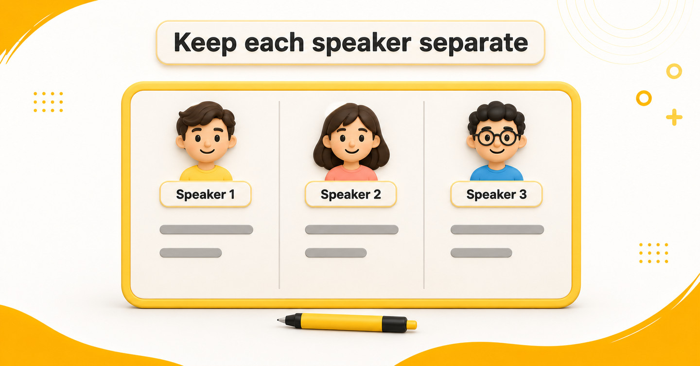 A note board divided into Speaker 1, Speaker 2 and Speaker 3 columns, with short marks under each speaker.