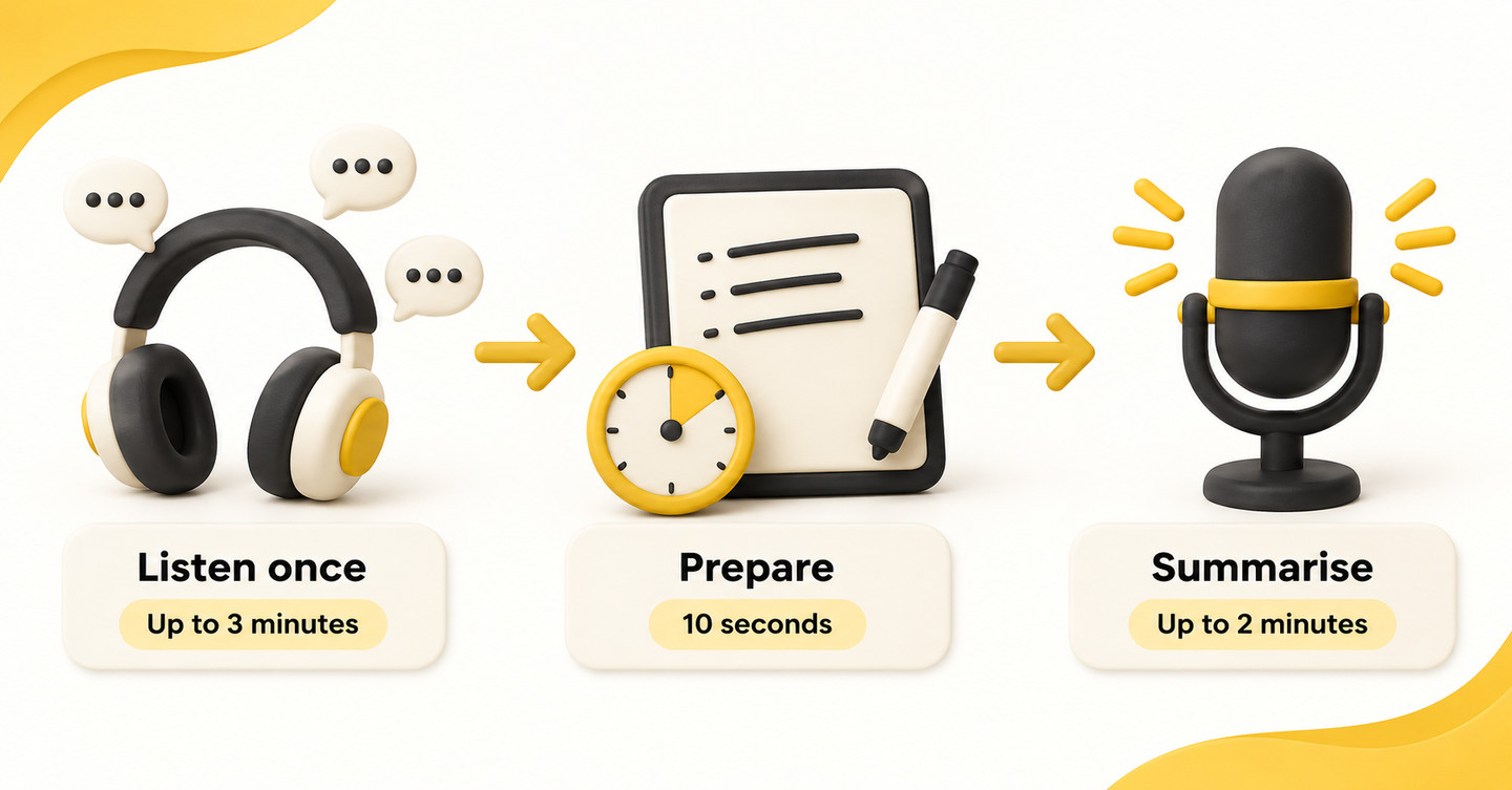 Three task stages: listen once for up to three minutes, prepare for ten seconds, then summarise for up to two minutes.